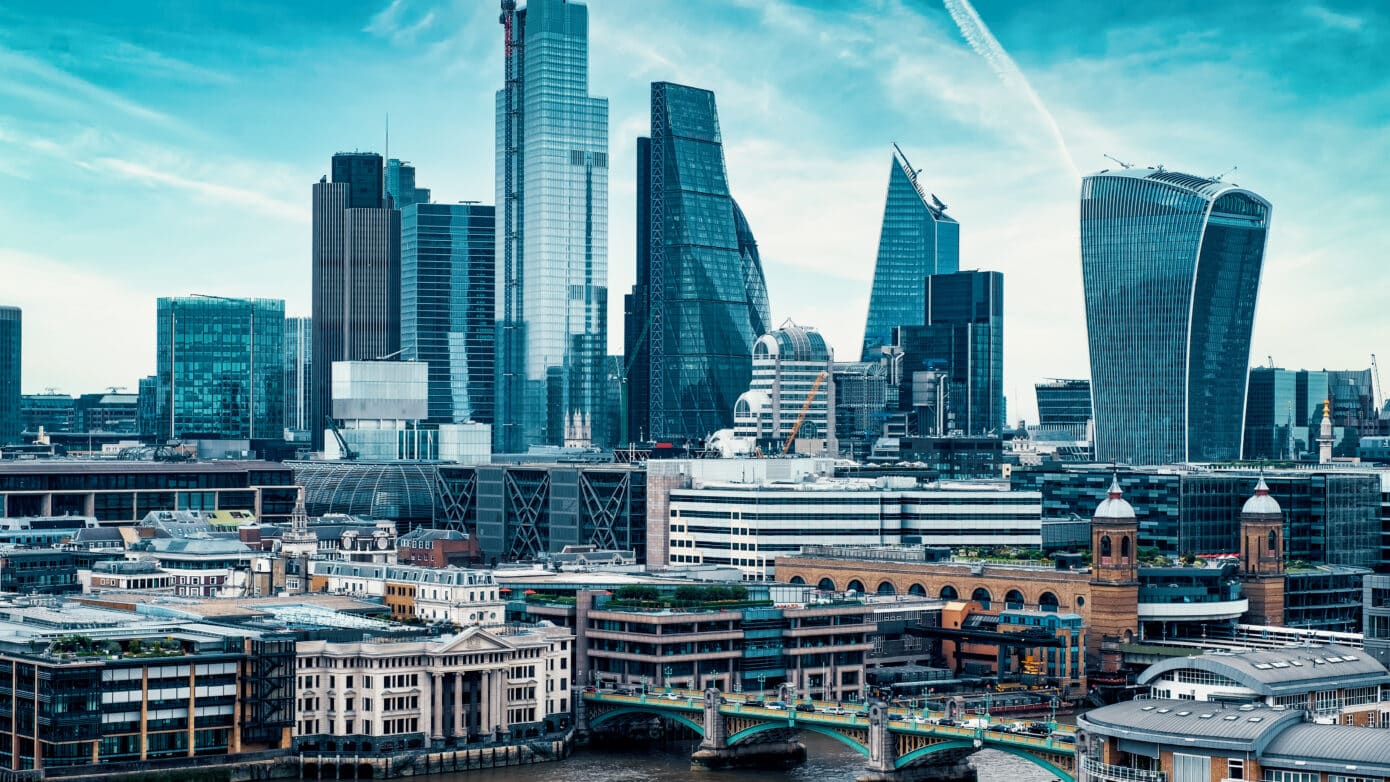 City of London financial services skyline with view of the Thames